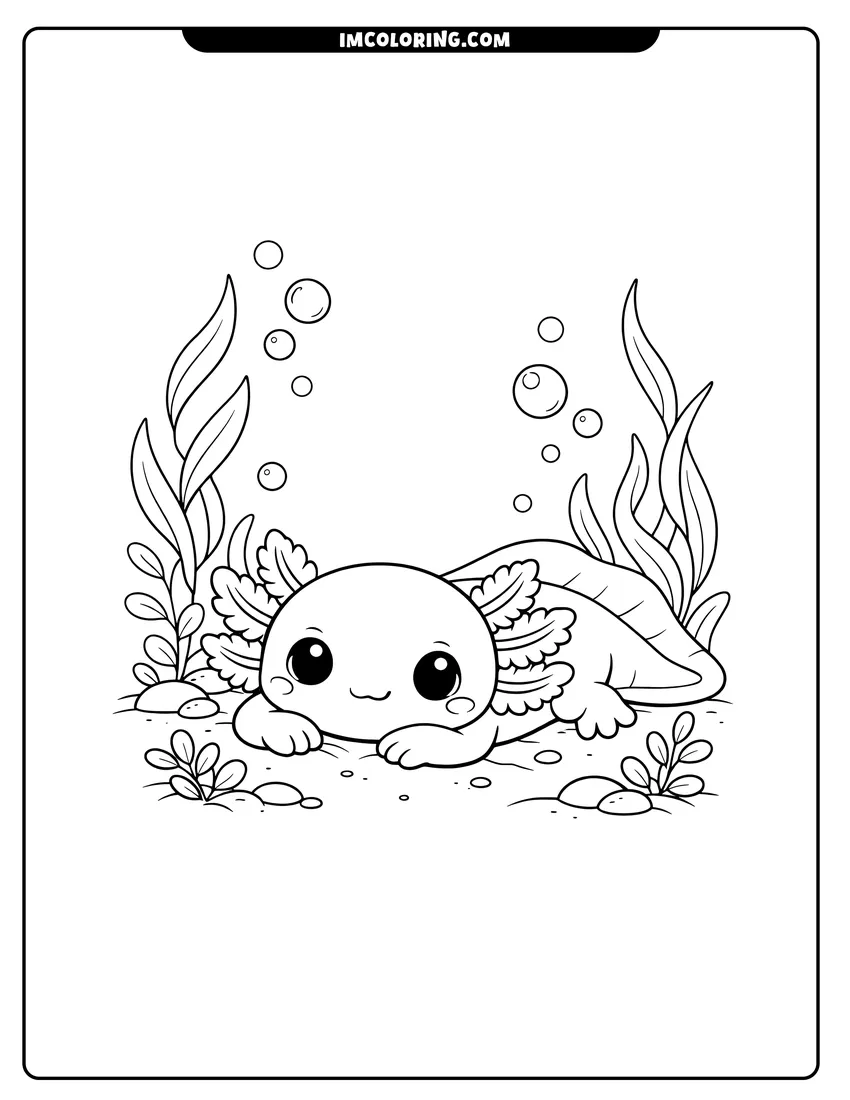 Simple sketch of Baby axolotl lying on the sandy sea floor for children