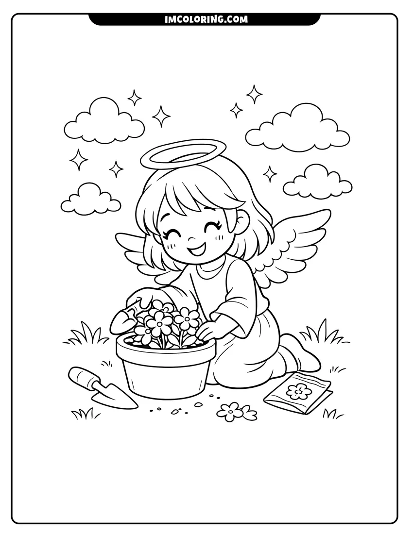 Detailed Cheerful angel planting flowers in a meadow pot design for coloring
