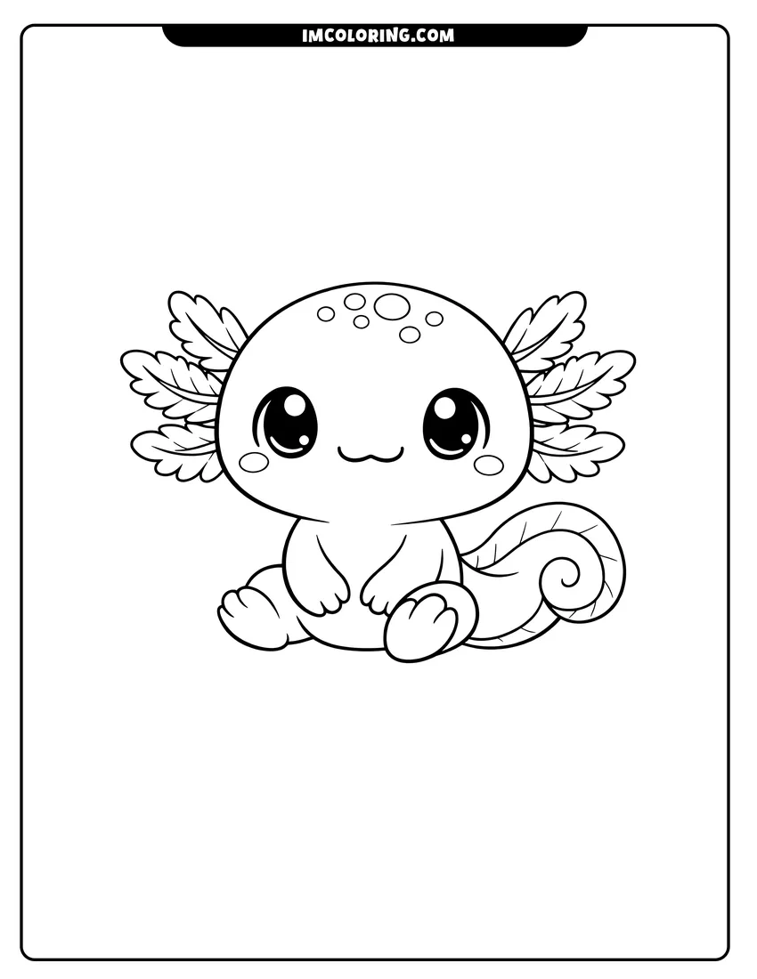 Detailed Cartoon axolotl sitting with a happy smile design for coloring