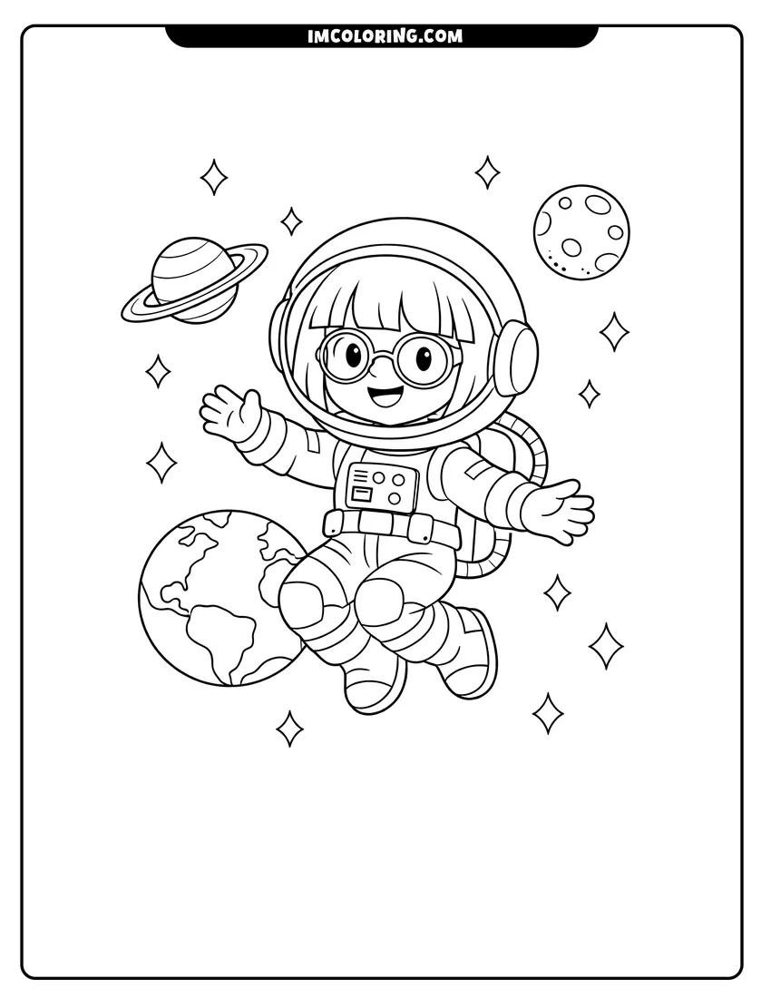 Line art depicting Girl astronaut with glasses floating in zero gravity