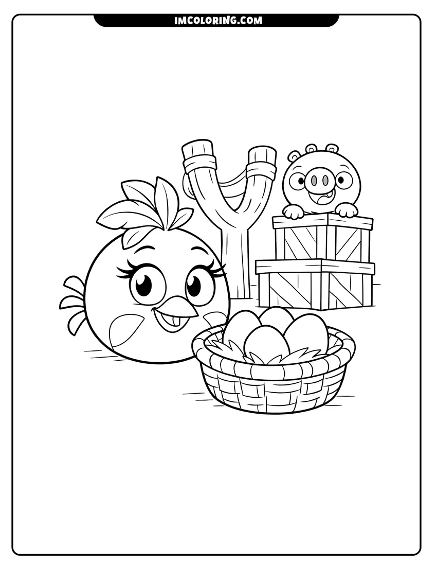 Smiling female bird standing near a basket of eggs drawing meant for coloring