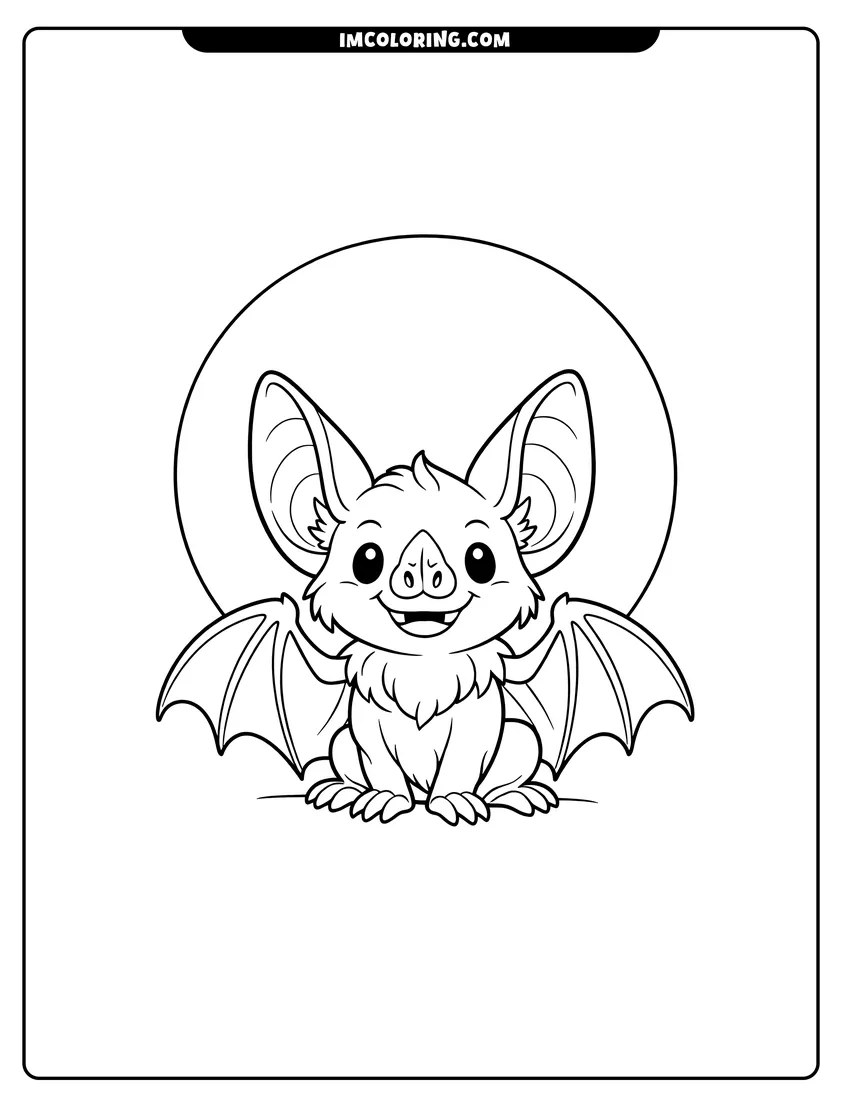 Outline of Smiling vampire bat sitting in front of a giant moon on a white background