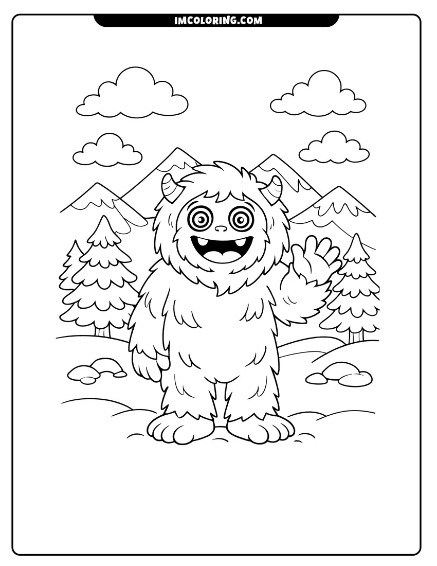 Outline of Friendly waving Yeti in a snowy mountain landscape on a white background