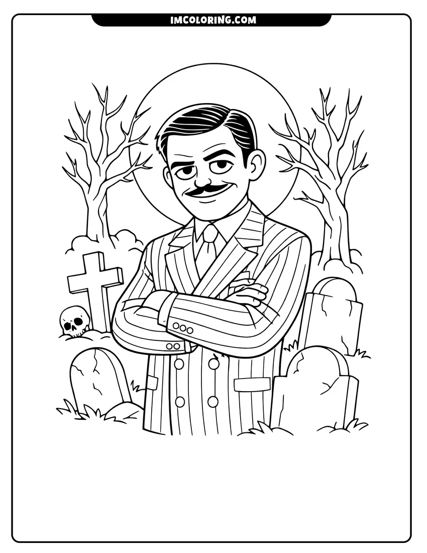 Line art depicting Gomez Addams smirking in a cemetery under a full moon