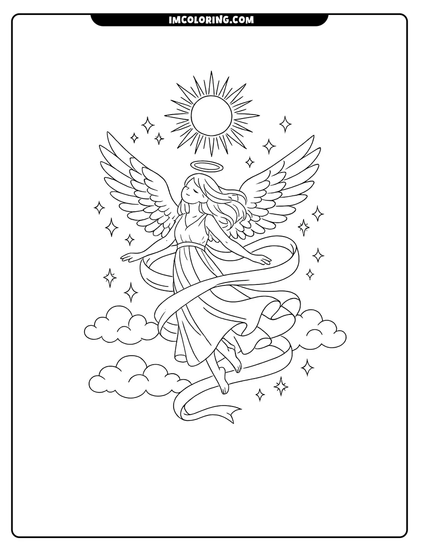 Serene angel soaring in the sky with a ribbon coloring page for preschoolers