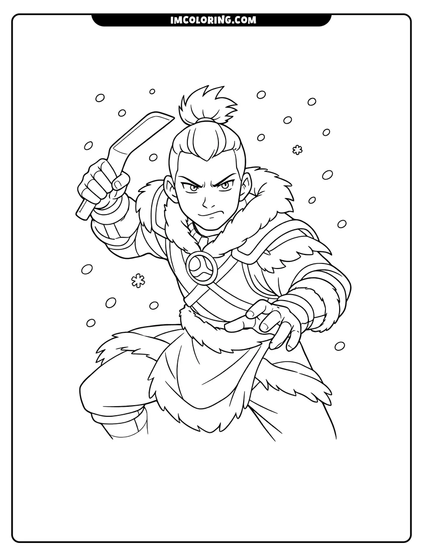 Detailed Sokka in armor with a boomerang design for coloring