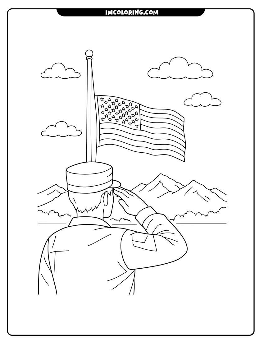 Kids activity sheet showing Soldier saluting half mast American flag near mountains