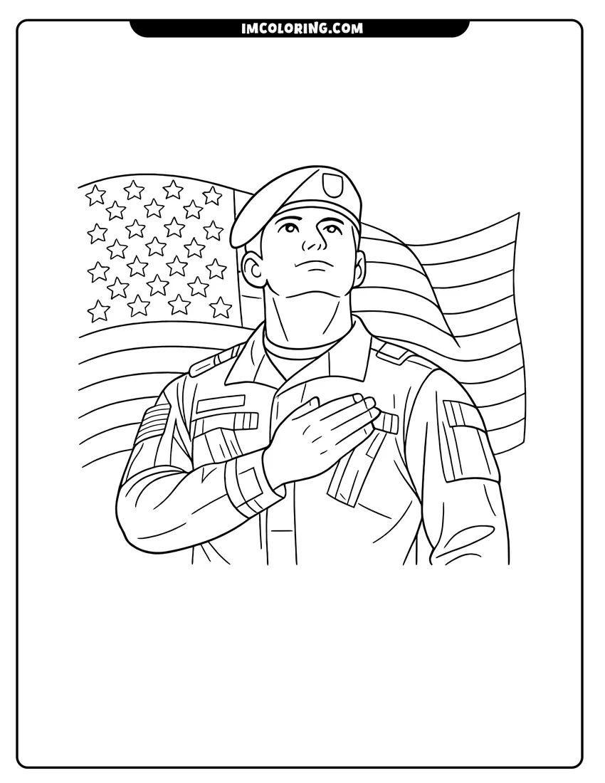 Easy-to-color Soldier saluting in front of a waving American flag illustration