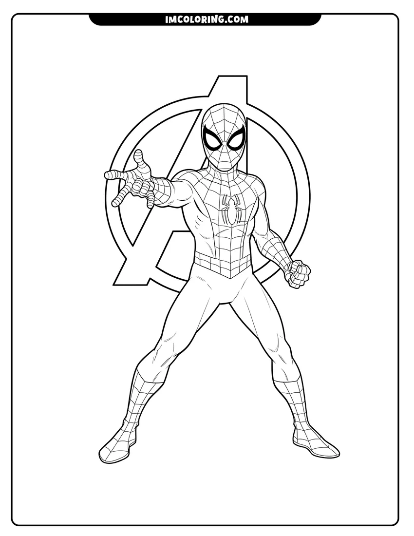 Detailed Spider-Man standing in front of Avengers logo design for coloring
