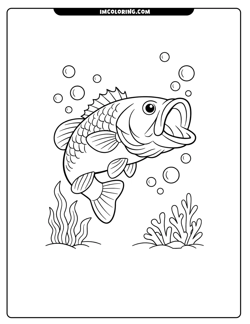 Printable outline of Bass with spiny fins surrounded by bubbles