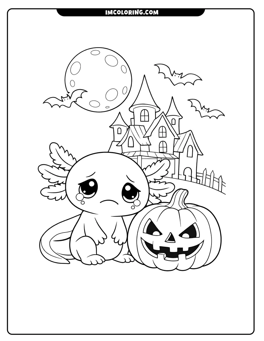 Cute Sad axolotl standing next to a haunted house outline for coloring