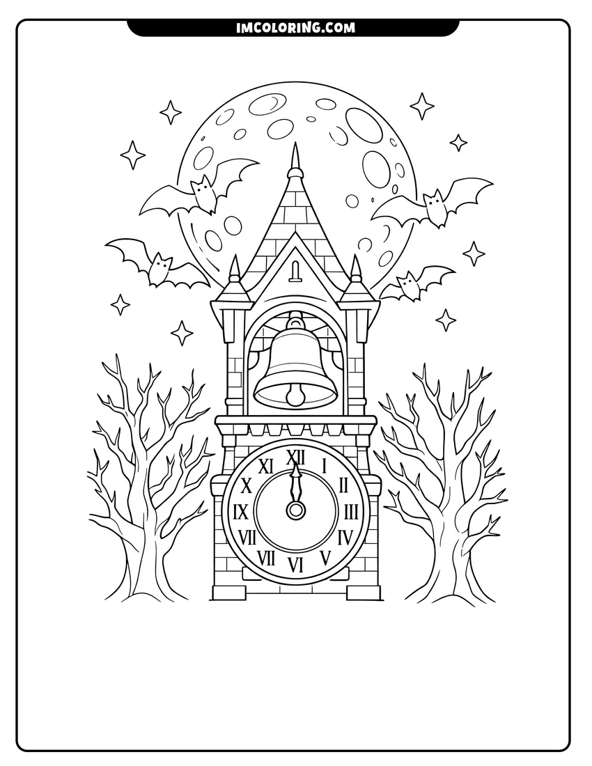 Printable Spooky clock tower with a large bell and bats coloring activity