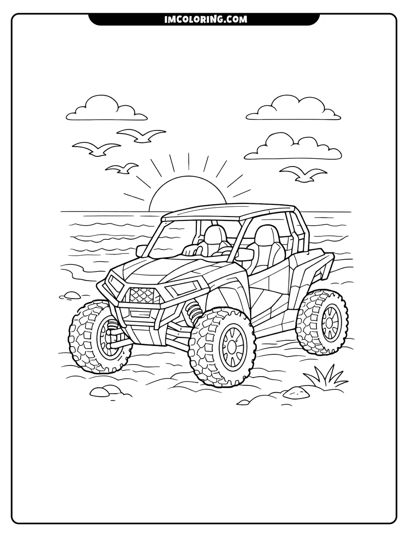Kawaii style Sporty UTV parked on a beach at sunset coloring picture