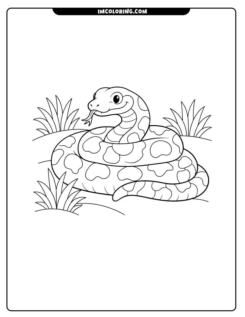 Black and white Patterned Anaconda coiled among clumps of tall green grass coloring sheet