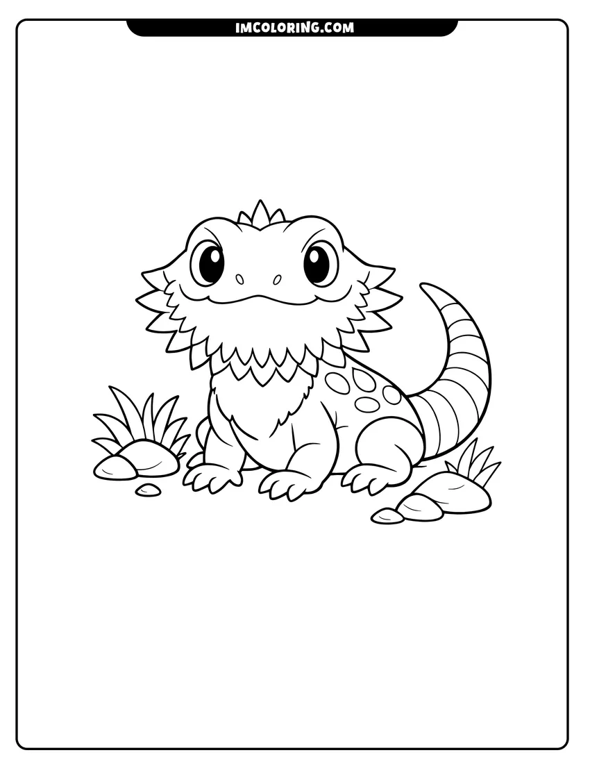 Kawaii style Cartoon bearded dragon with spots and a striped tail coloring picture