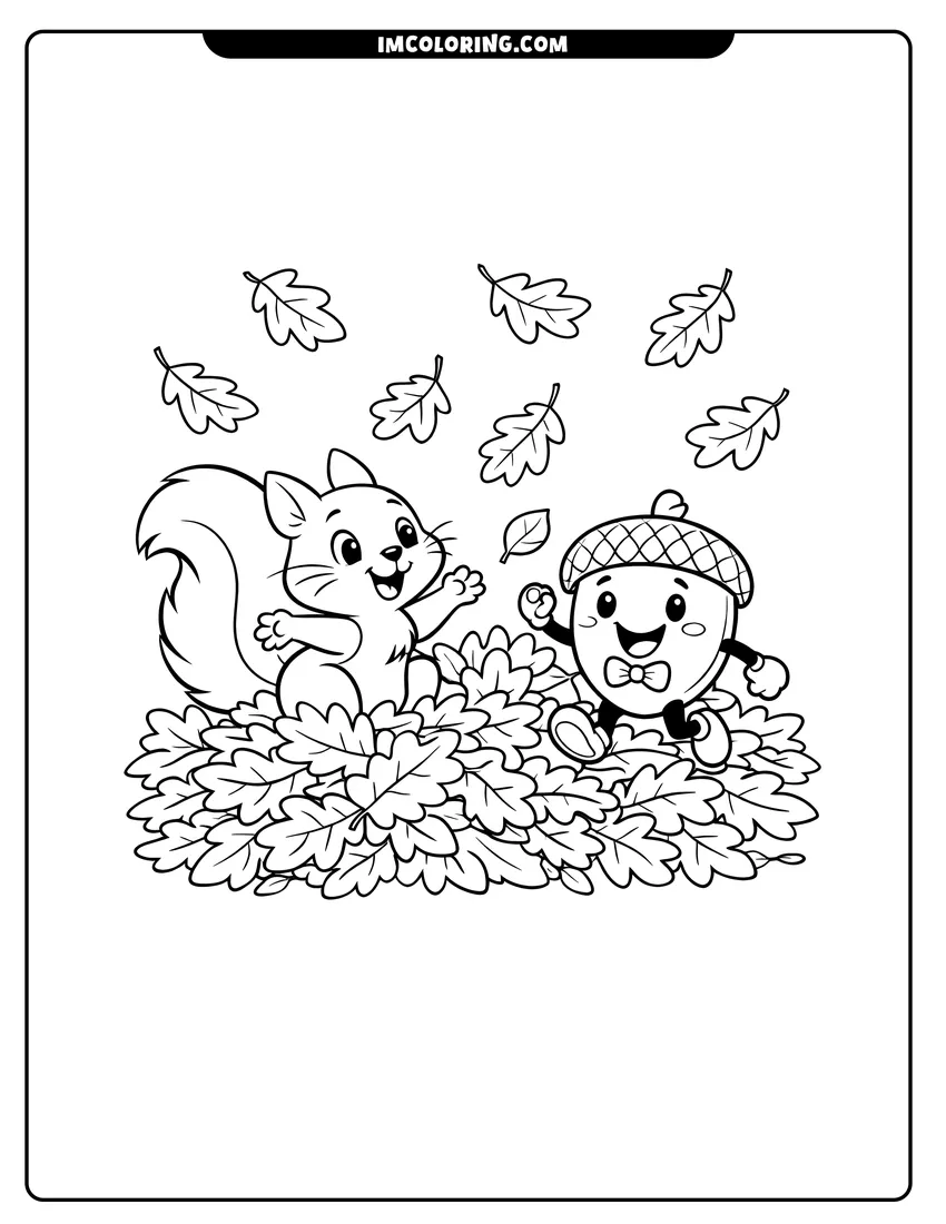 Coloring sheet of Squirrel and acorn playing in autumn leaves for kids
