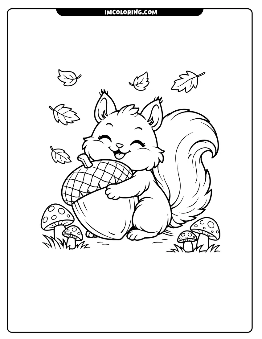 Outline of Squirrel hugging a giant acorn in the forest on a white background