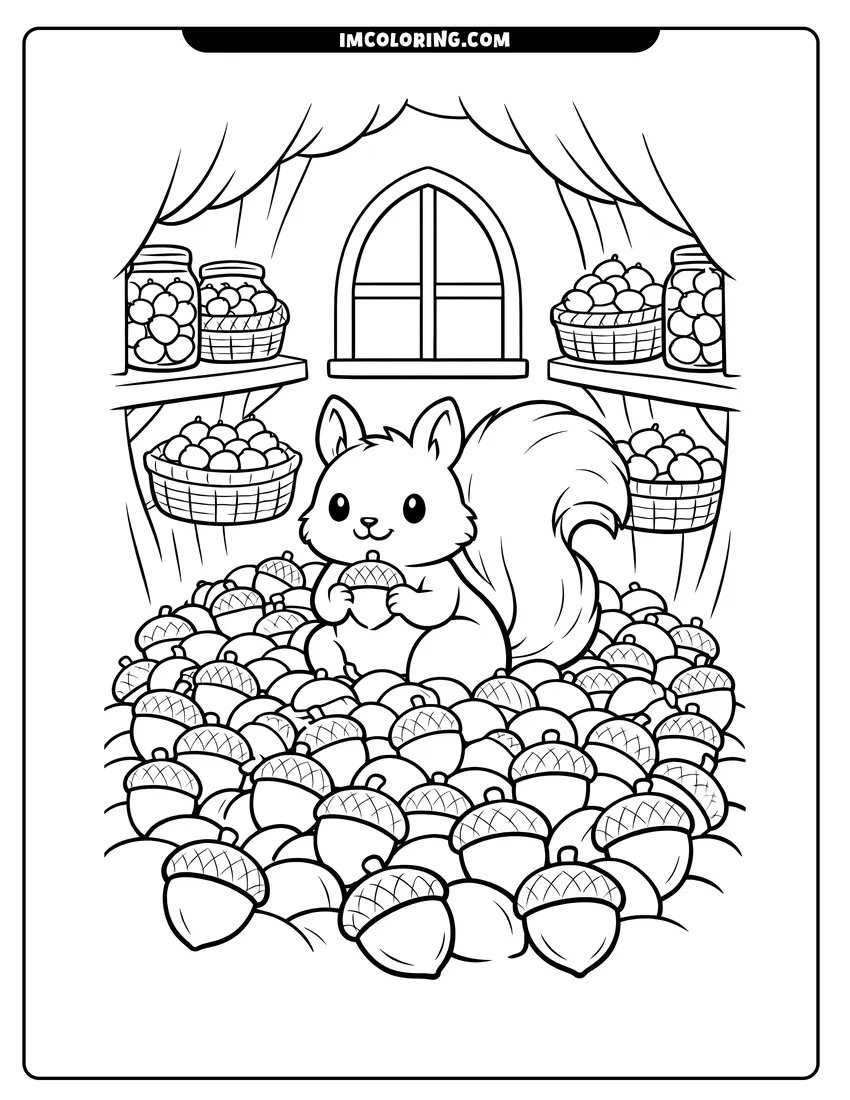 Squirrel inside a tree hollow full of acorns coloring page for preschoolers