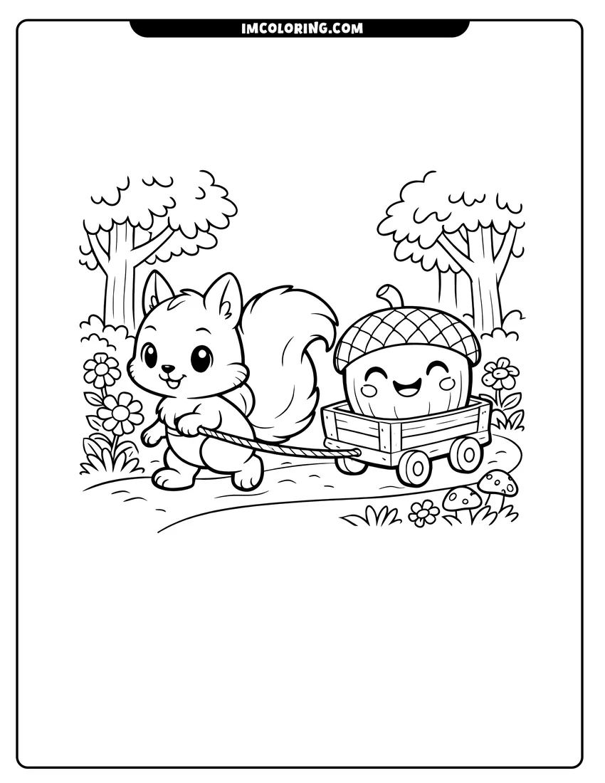 Kids activity sheet showing Squirrel pulling a wagon with a giant acorn