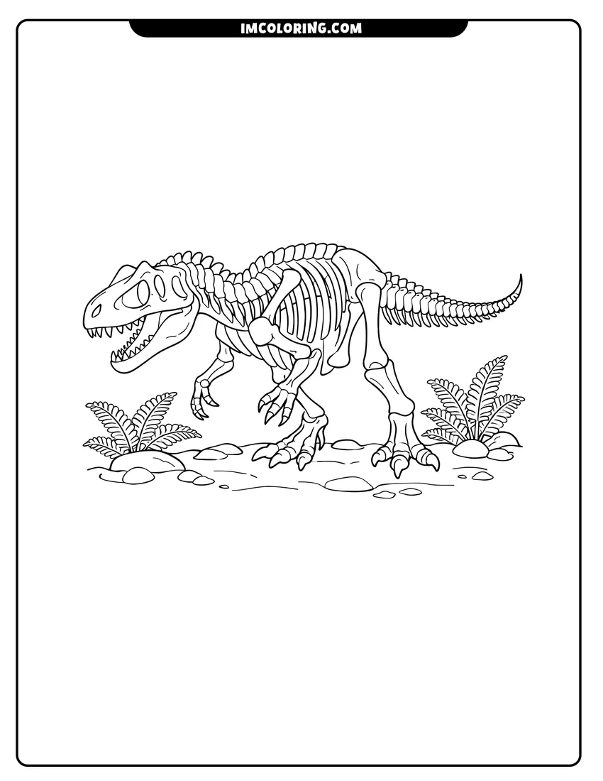 Printable coloring page featuring Allosaurus skeleton in a stalking pose with ferns