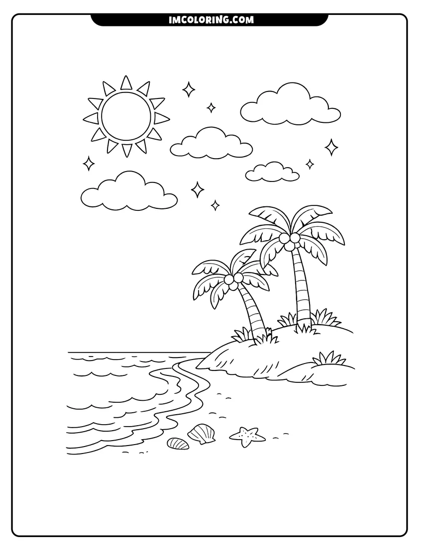 Illustration of Sandy shoreline with palm trees under a starry sky ready for painting