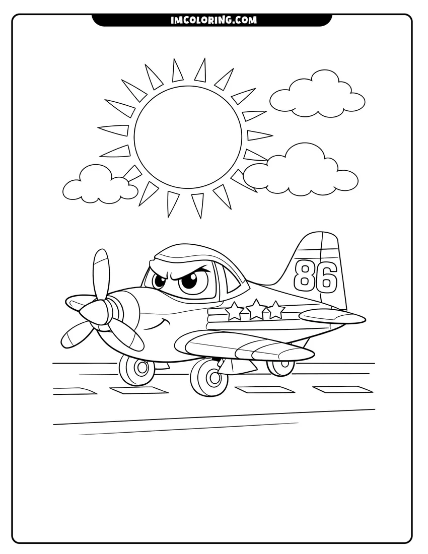 Simple line drawing of Propeller airplane character with stars and stripes on a runway