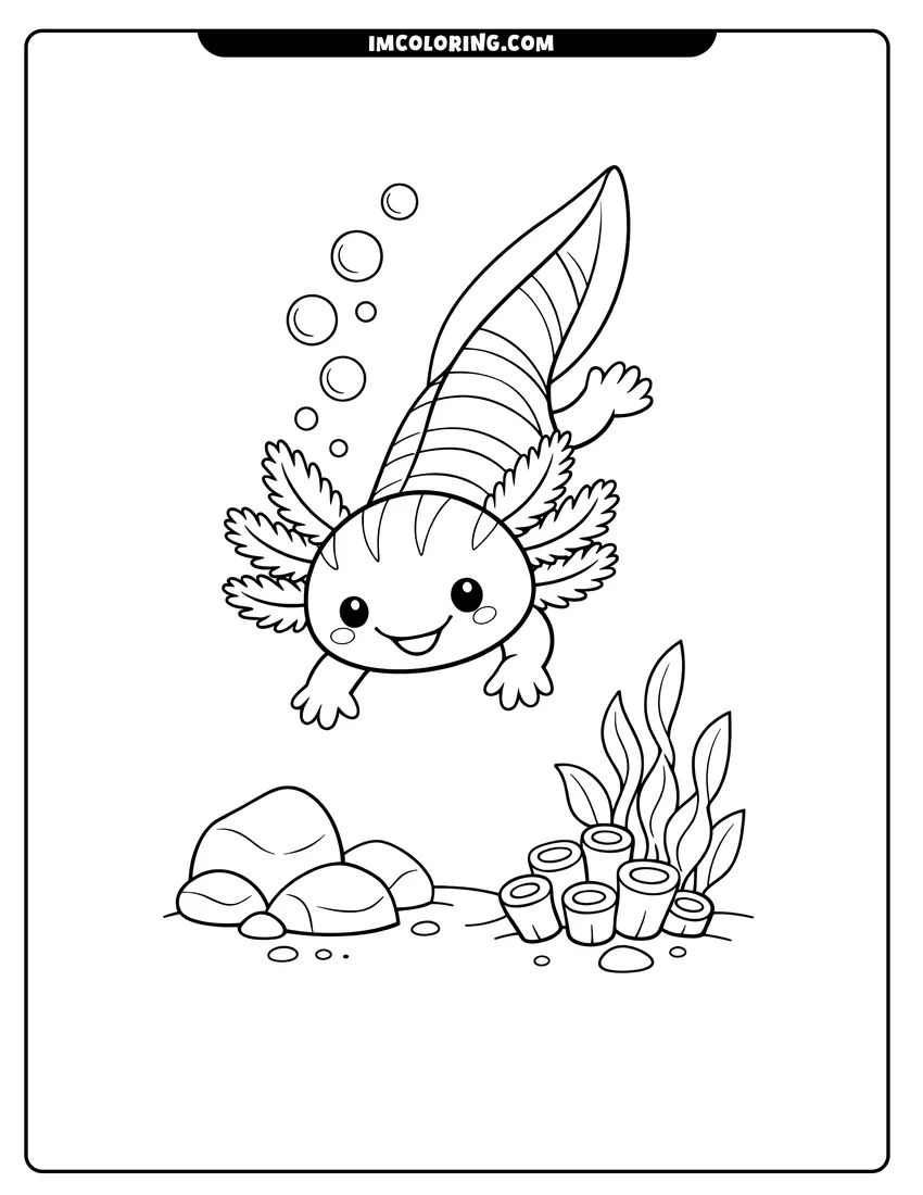 Printable outline of Striped axolotl swimming towards the sea floor