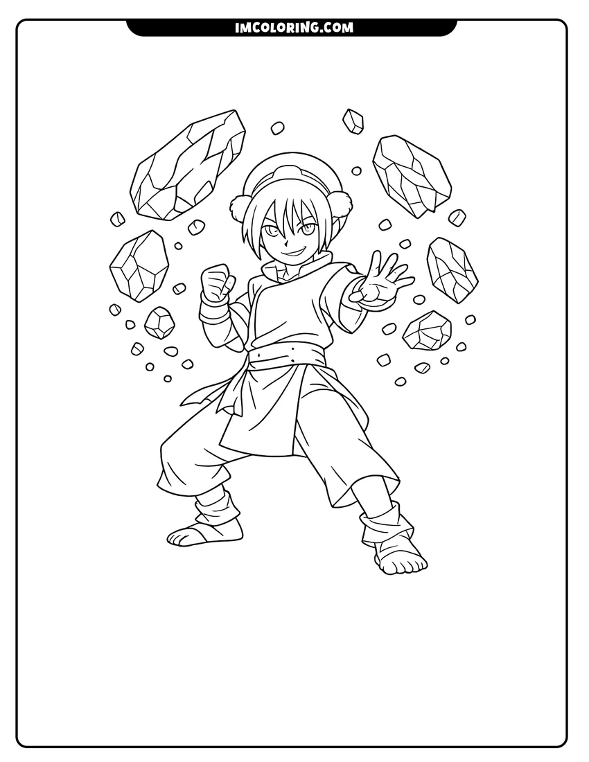 Line art depicting Toph in an earthbending pose
