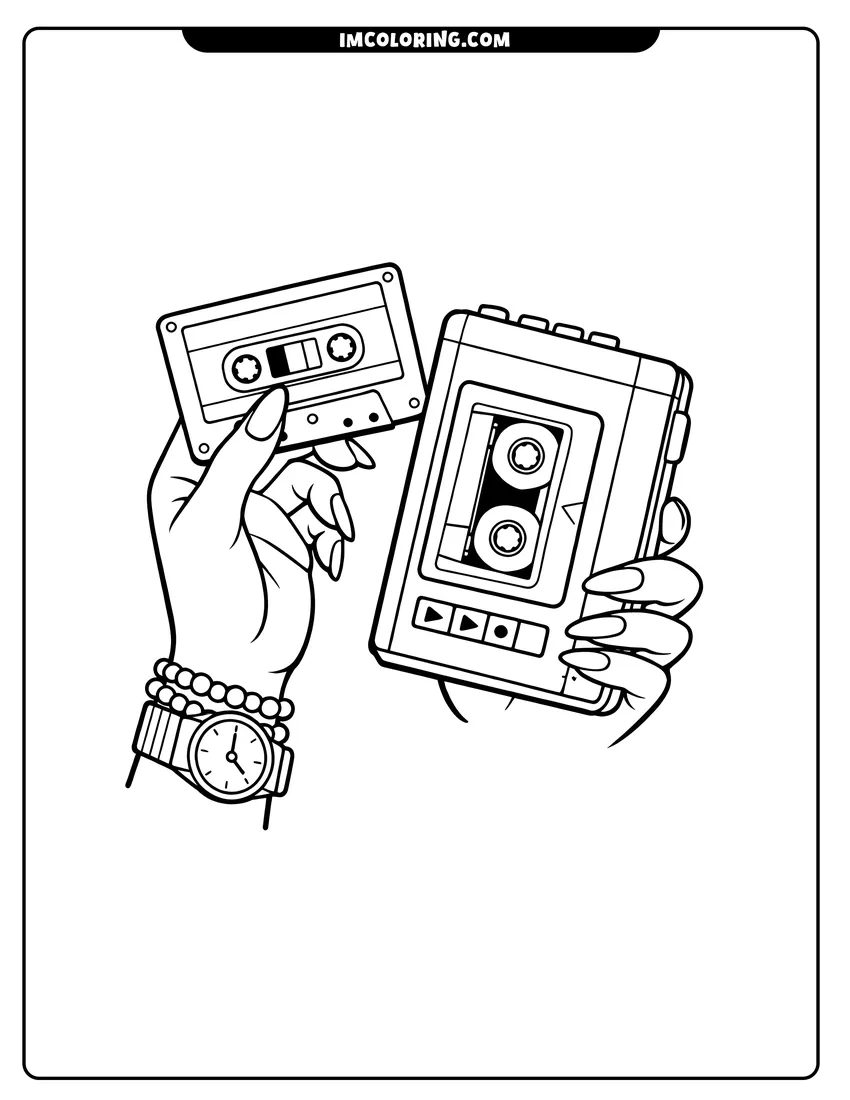 Detailed 80S hand holding a cassette player design for coloring