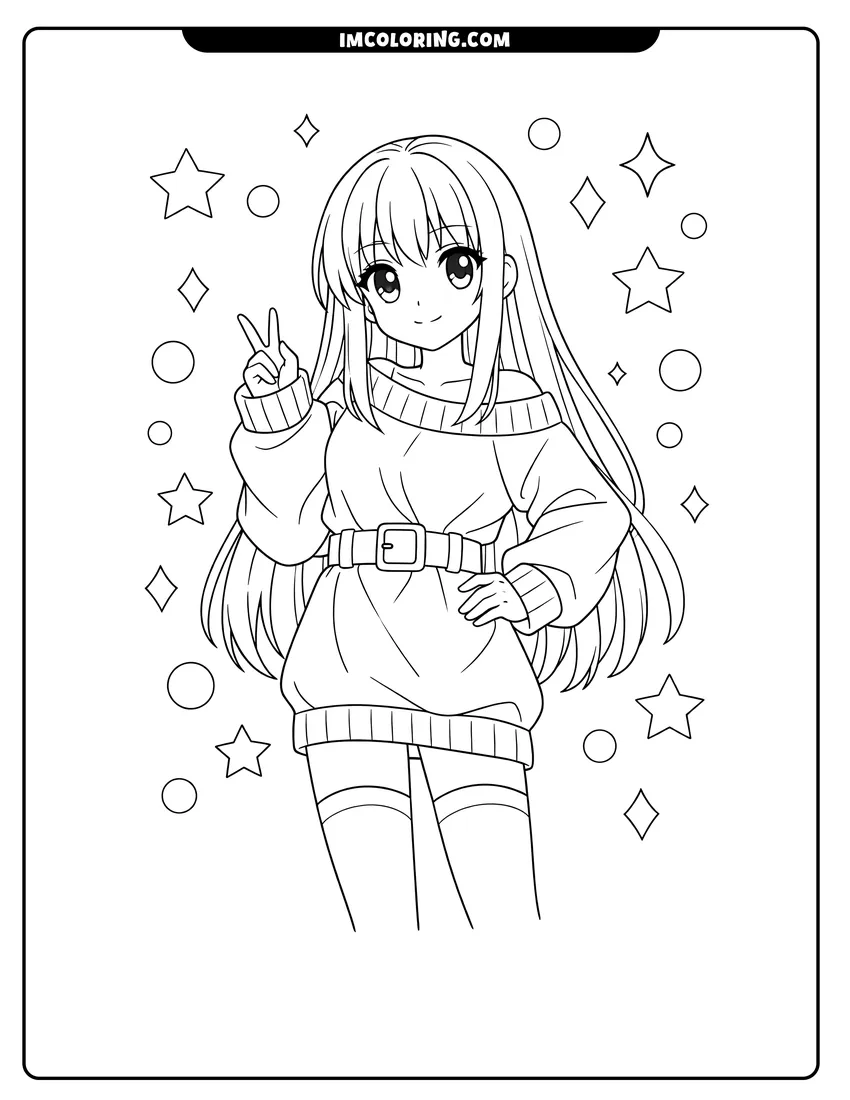 Detailed Stylish anime girl in a sweater dress and stockings design for coloring