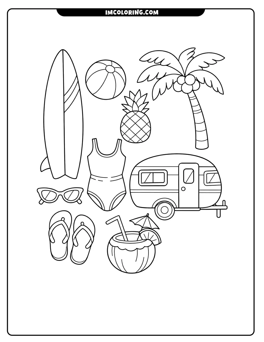 Kids activity sheet showing Collection of beach items including camper, surfboard, and pineapple