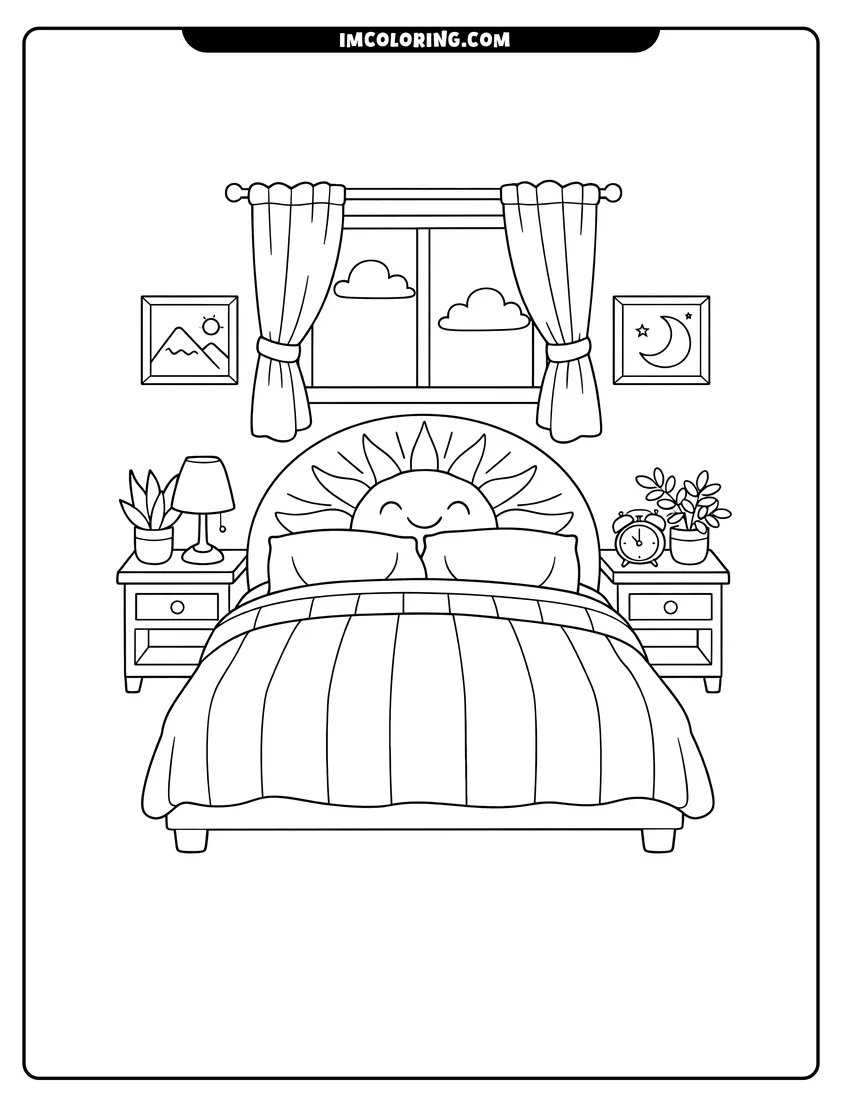 Scene showing Sunny bedroom with sun headboard and striped comforter to color