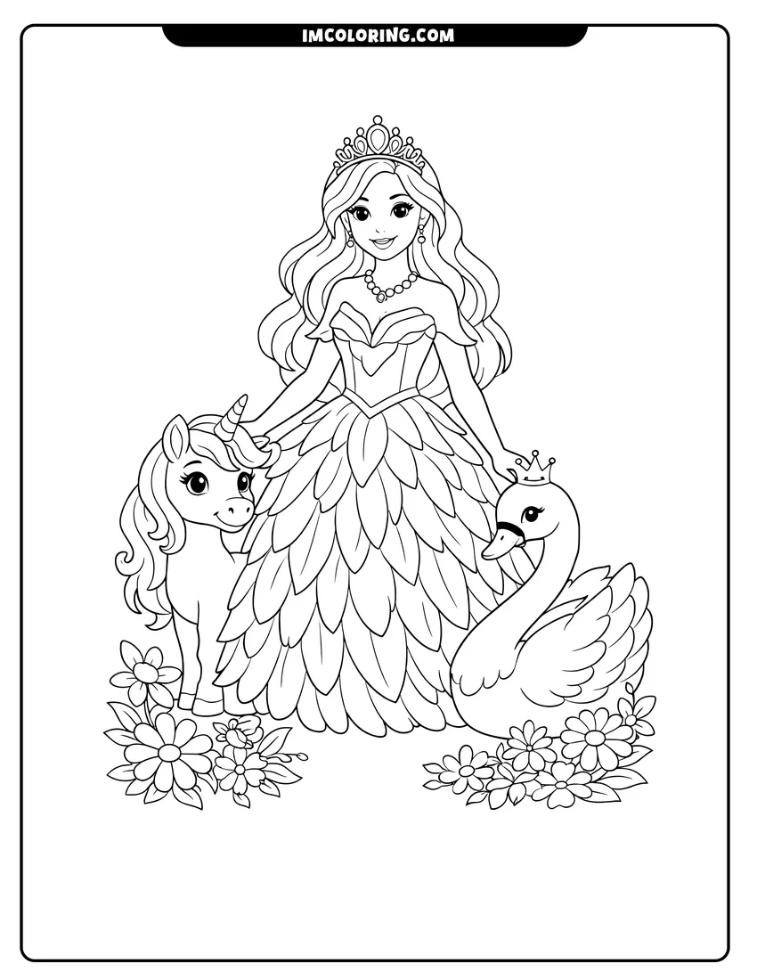 Printable outline of Swan Princess Barbie with a unicorn and swan