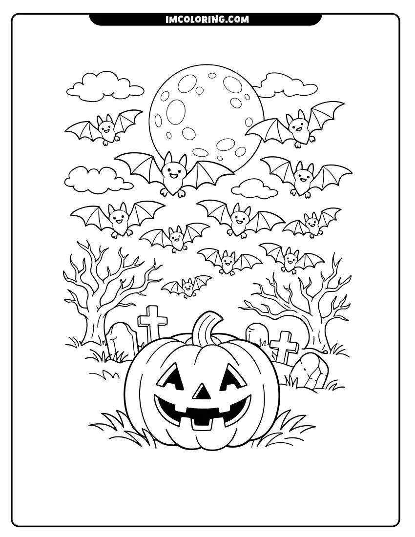 Swarm of bats flying over a spooky graveyard drawing meant for coloring