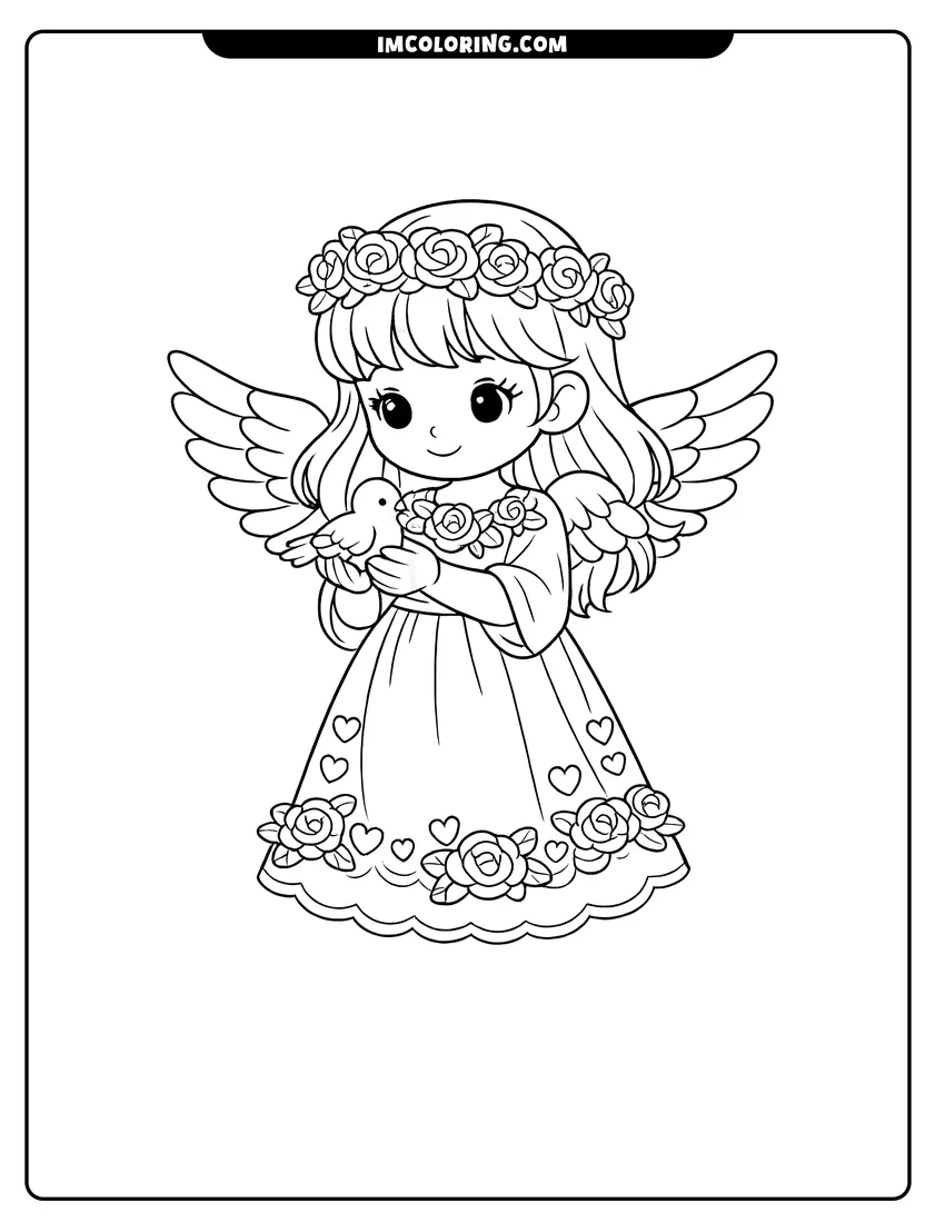 Outline of Angel girl with a rose halo holding a small dove on a white background