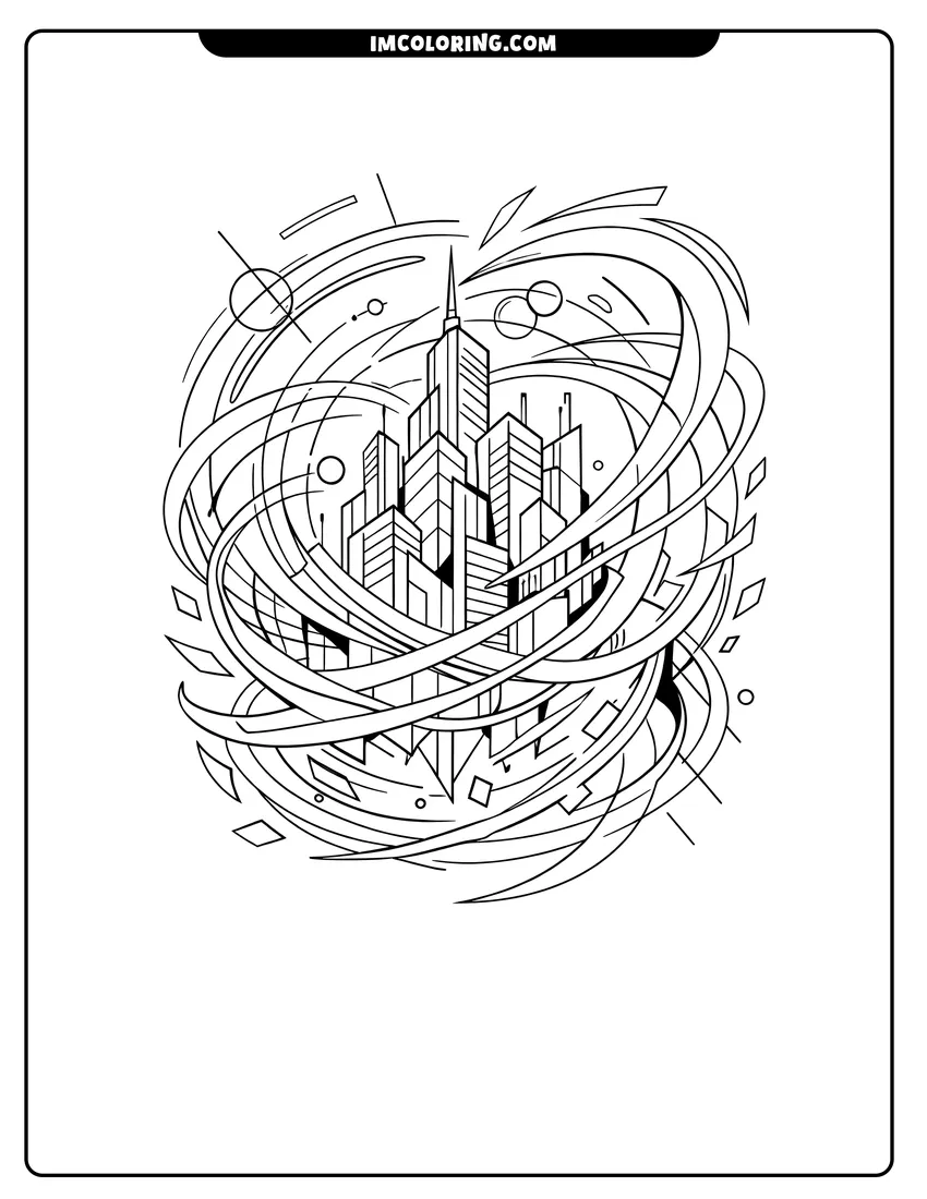 Abstract futuristic cityscape with swirling lines and circles drawing meant for coloring
