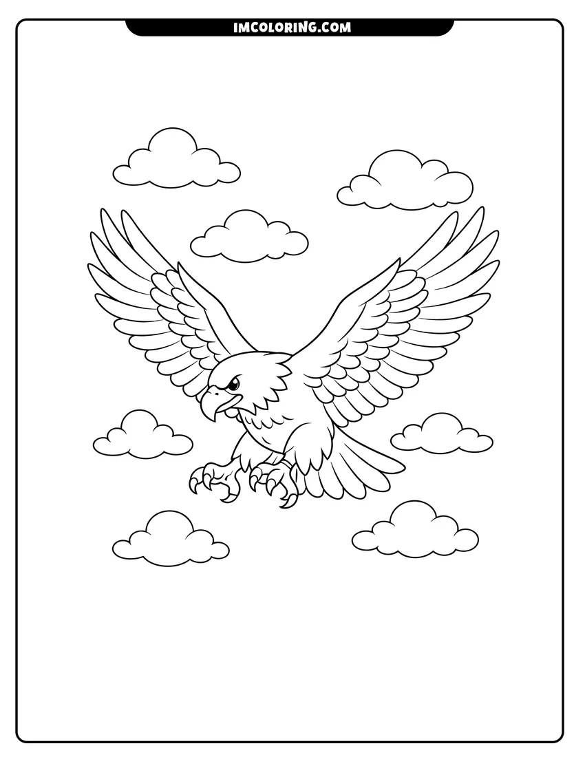 Kids activity sheet showing Swooping bald eagle flying through clouds
