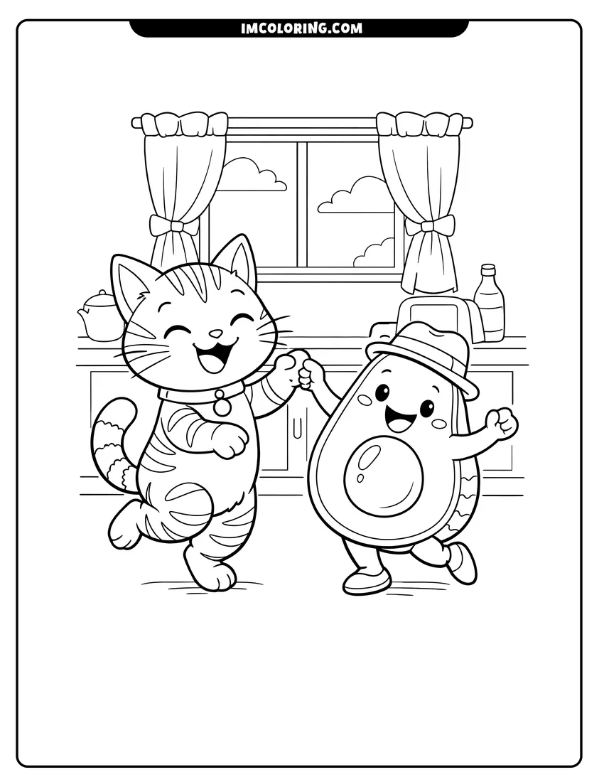 Simple sketch of Tabby cat and avocado character dancing in a kitchen for children