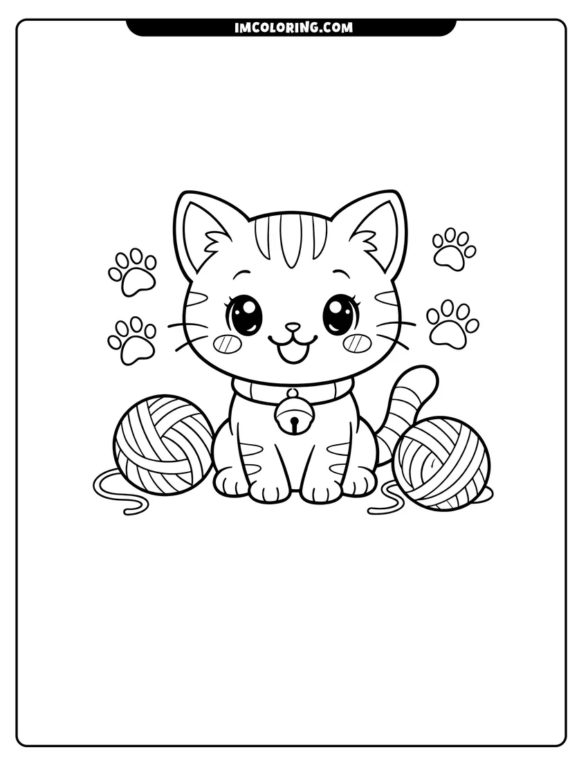 Simple sketch of Tabby kitten wearing a collar with a small bell for children