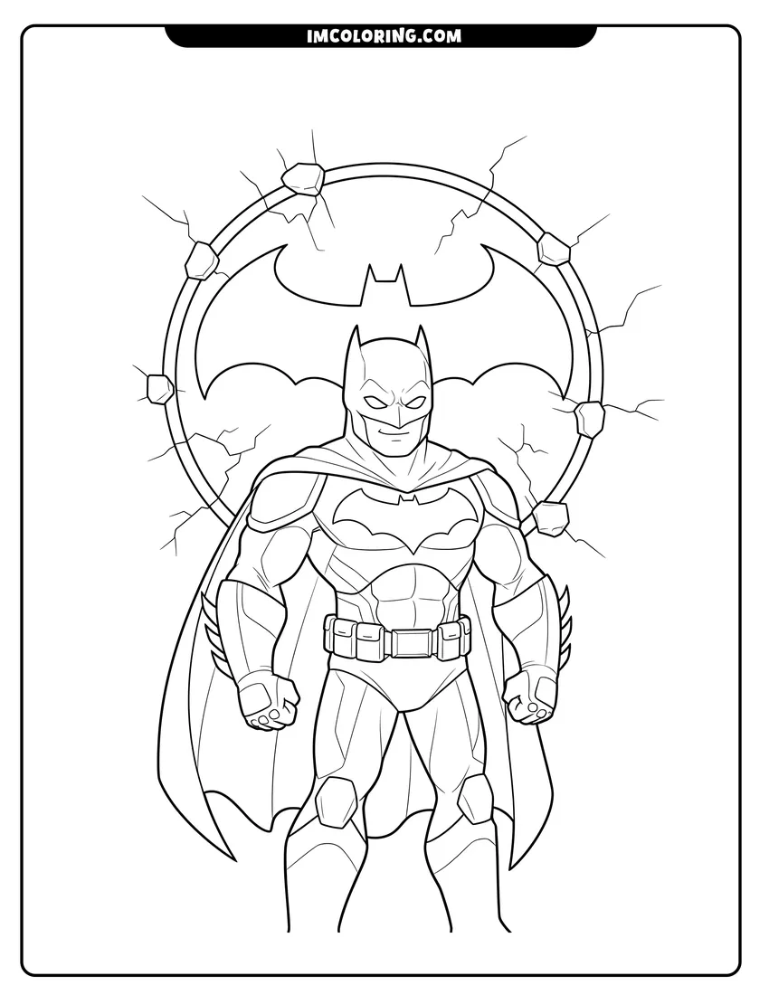 Black and white Tactical Batman standing in front of a bat-shaped wall coloring sheet