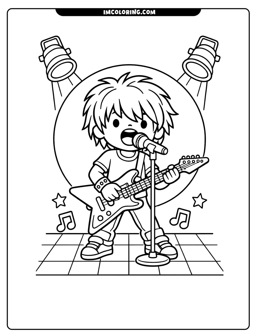 80S kid rock star playing electric guitar drawing meant for coloring