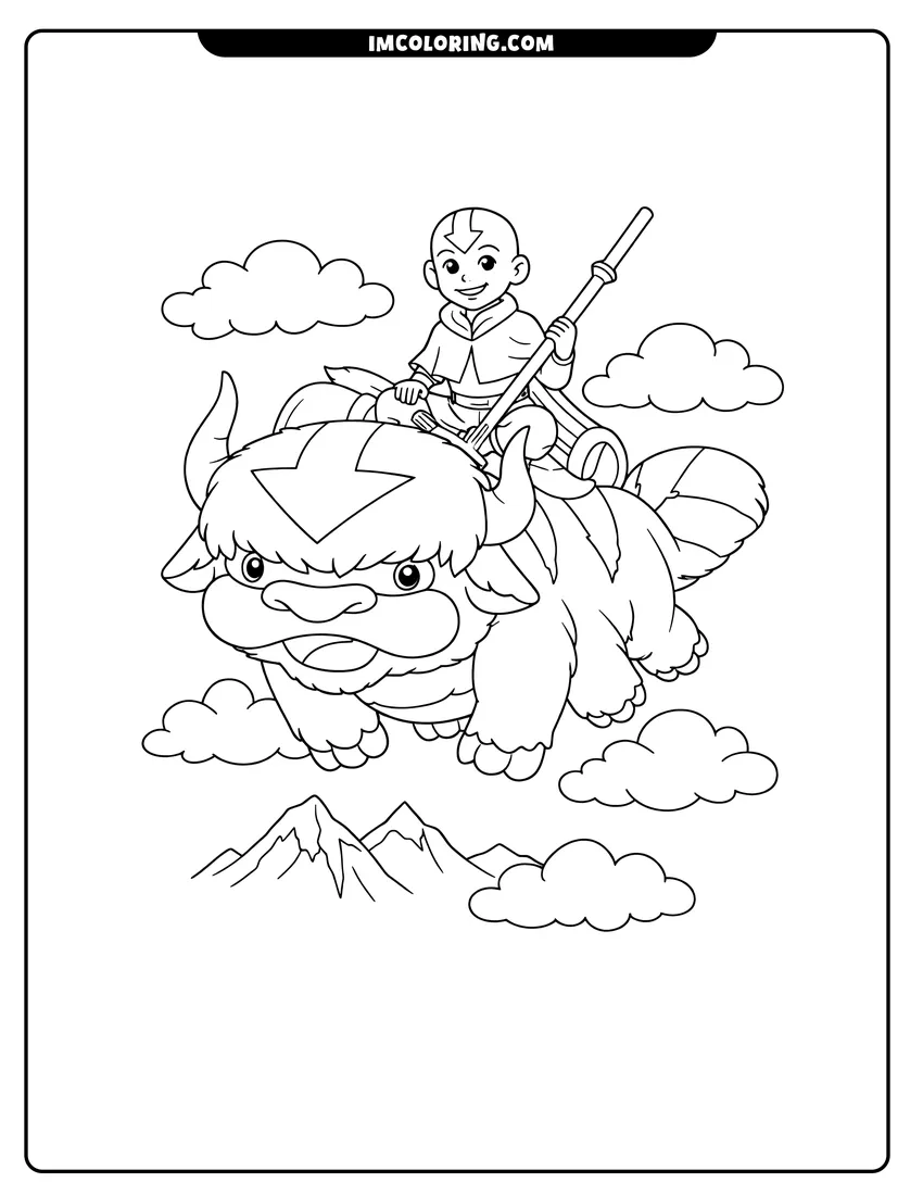 Printable Appa flying over mountain peaks coloring activity