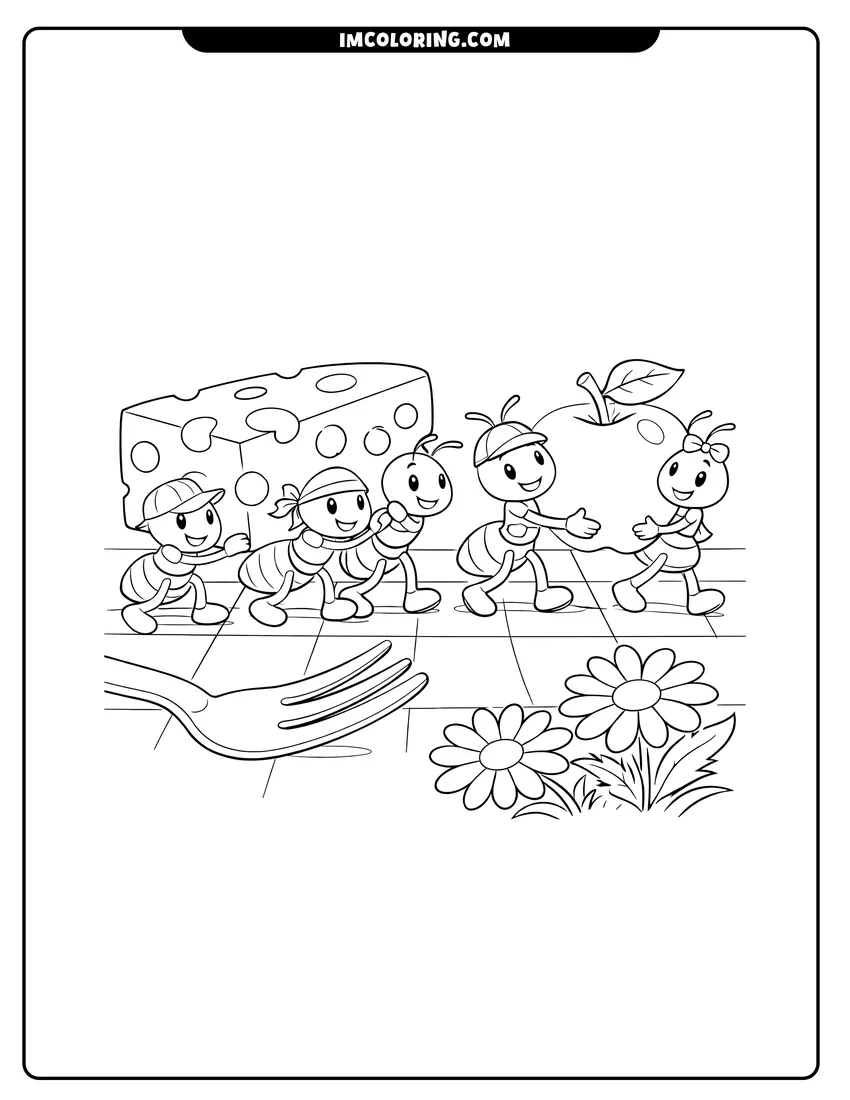 Printable Ants carrying a wedge of cheese and an apple coloring activity