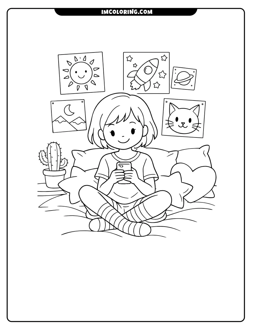 Cute Girl texting on bed with posters and cactus outline for coloring