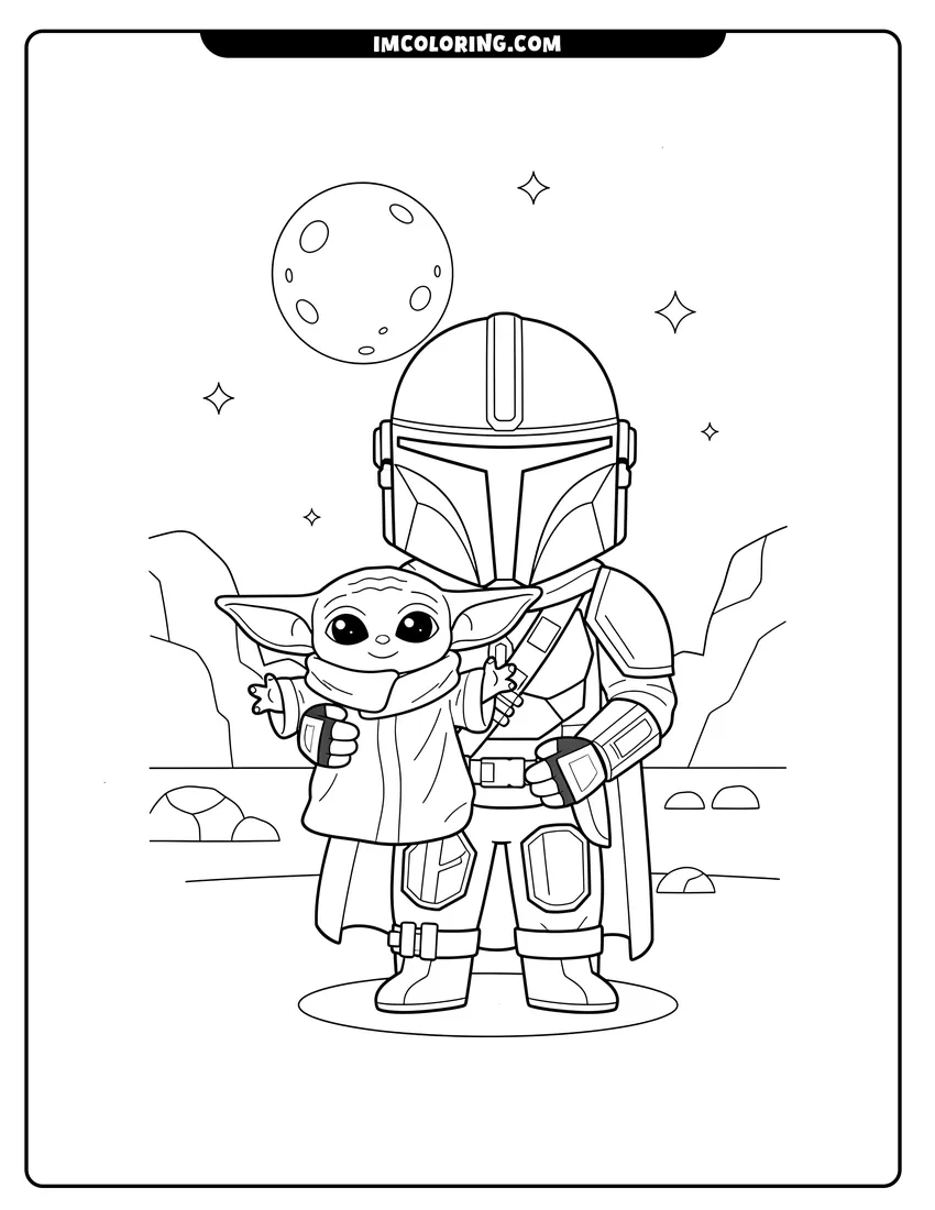 Coloring sheet of Mandalorian holding Baby Yoda in the desert for kids