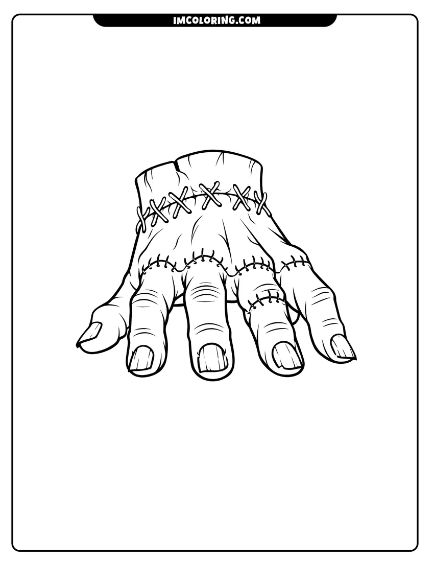 Cute The disembodied hand Thing with surgical stitches crawling forward outline for coloring