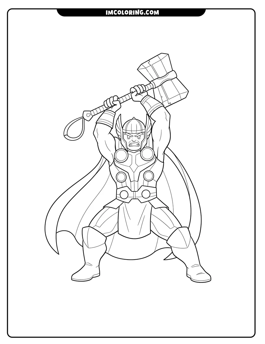 Cute Thor raising Stormbreaker axe in battle stance outline for coloring
