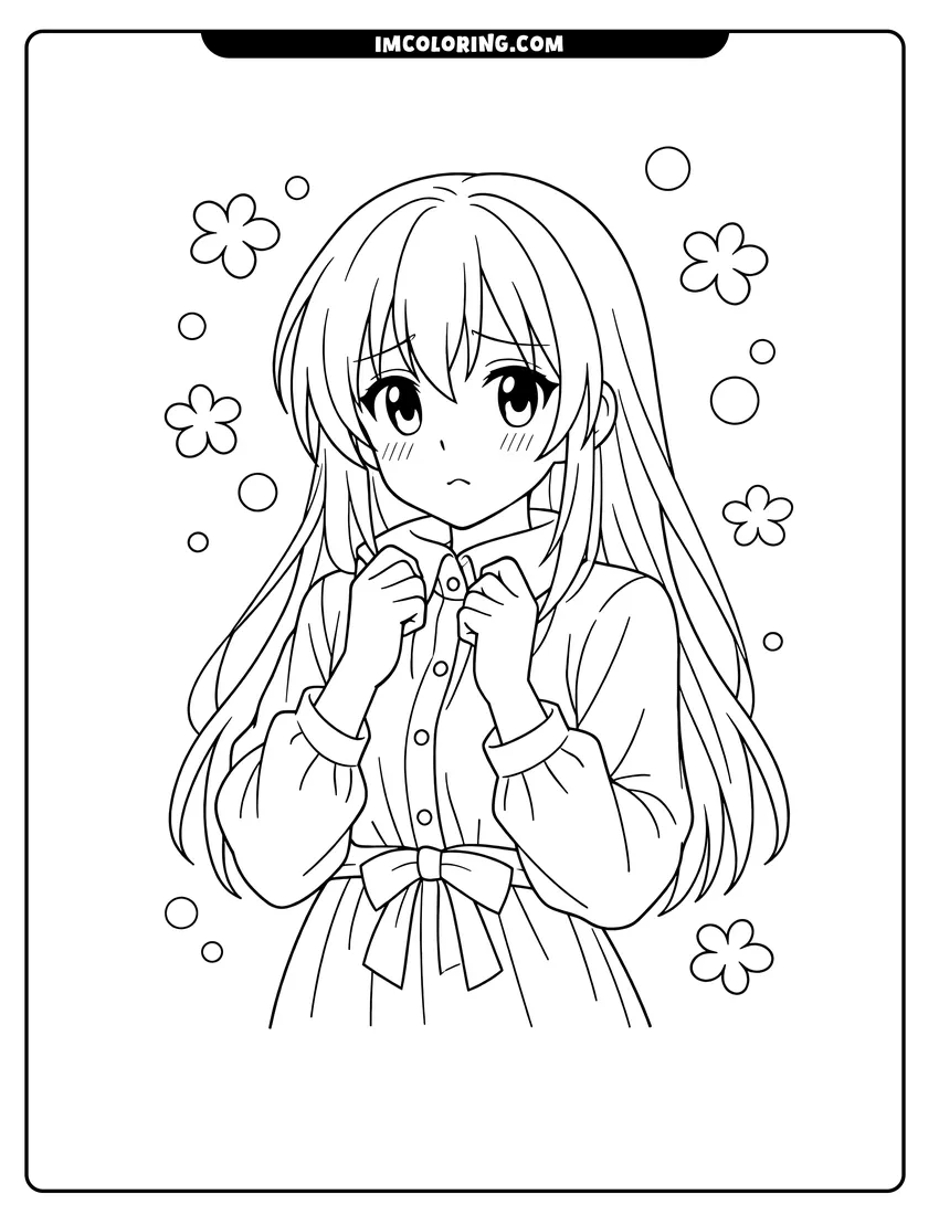 Kawaii style Anime girl in a button-up dress with floating circles coloring picture