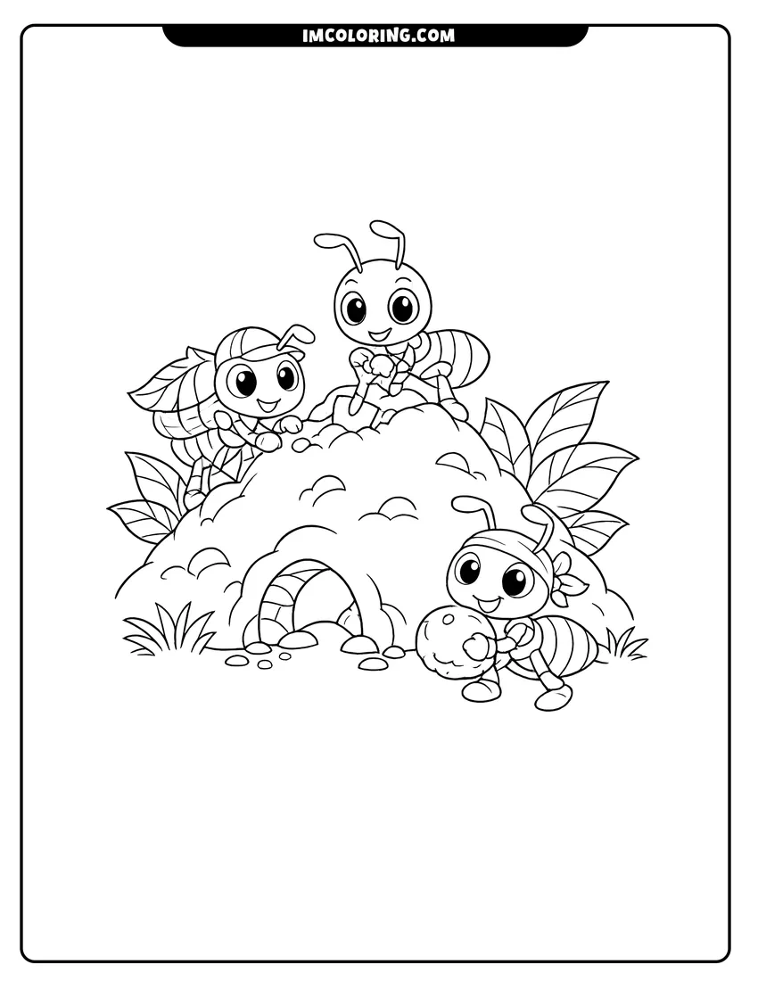 Easy-to-color Three cartoon ants working together on a dirt hill illustration