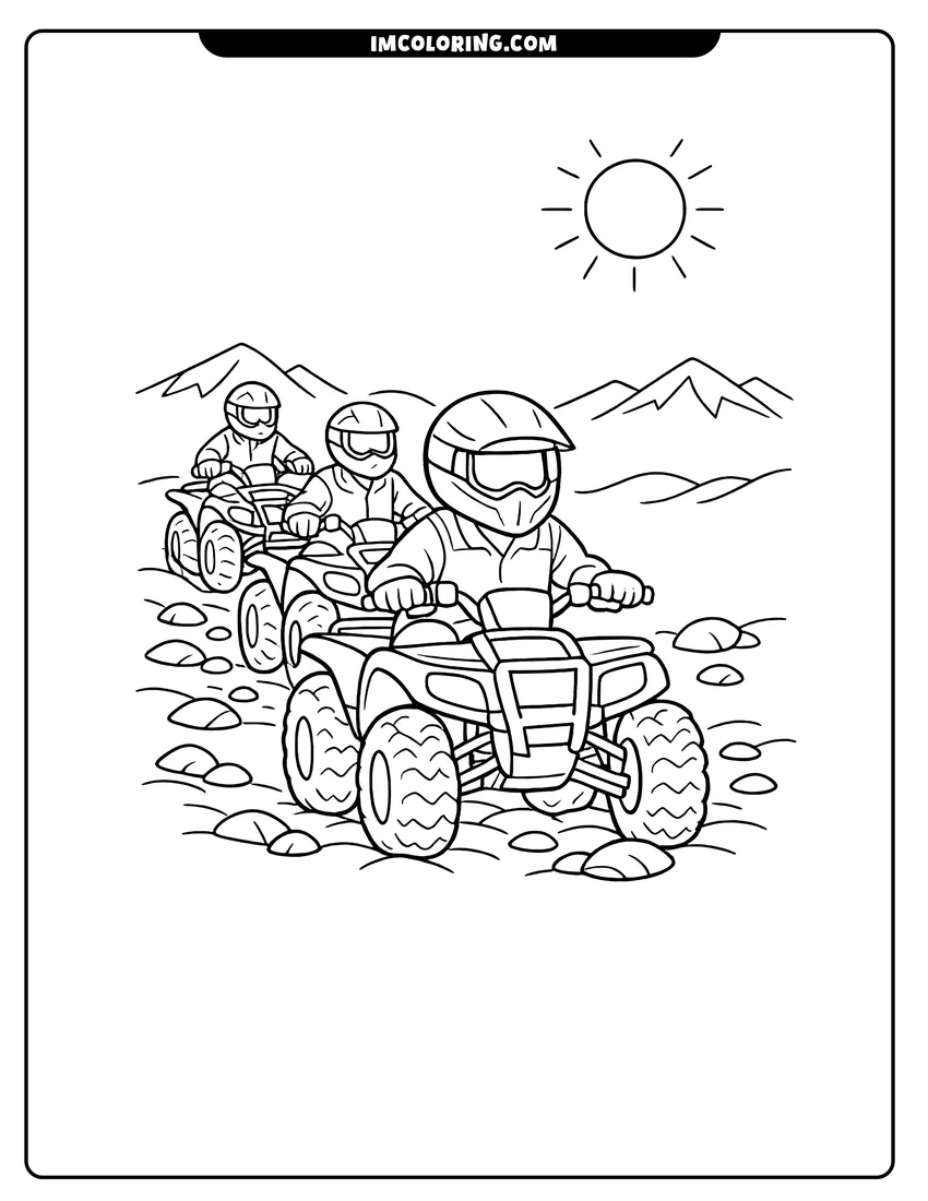 Illustration of Three men riding ATVs across rocky terrain ready for painting